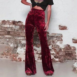 High Waist Solid Velvet Pants, Boho Every Day Flare Leg Pants